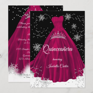 Quinceanera Burgundy roze sneeuwvlok Zilveren jurk Kaart