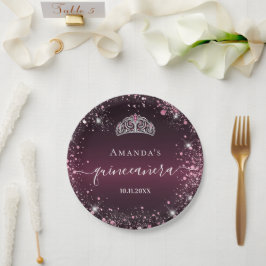 Quinceanera burgundy roze tiara name script papieren bordje