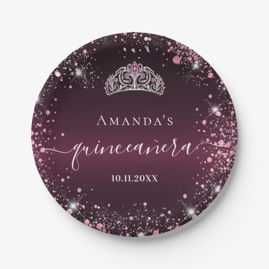 Quinceanera burgundy roze tiara name script papieren bordje (Voorkant)