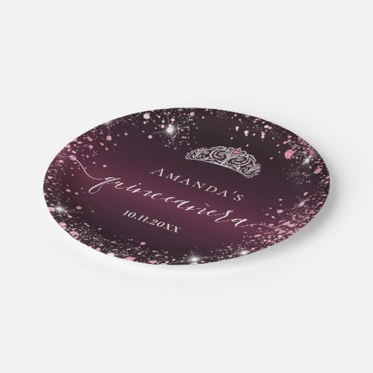 Quinceanera burgundy roze tiara name script papieren bordje (Gekanteld)