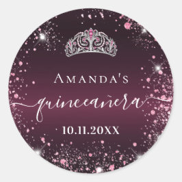 Quinceanera burgundy roze tiara name script ronde sticker