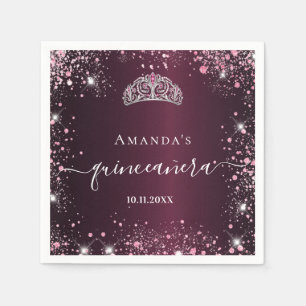 Quinceanera burgundy roze tiara name script servet