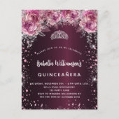 Quinceanera burgundy roze tiara uitnodiging briefkaart (Voorkant)