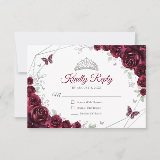 Quinceanera Burgundy Silver Floral Reply RSVP Kaartje (Voorkant)
