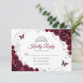 Quinceanera Burgundy Silver Floral Reply RSVP Kaartje (Staand voorkant)
