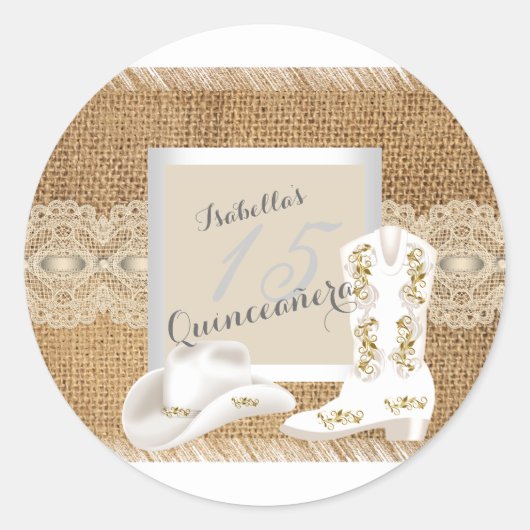 Quinceanera Burlap Kant Cowgirl Ronde Sticker (Voorkant)