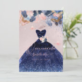 Quinceanera Butterflies Blush Navy Glitter Gown Kaart (Staand voorkant)