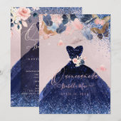 Quinceanera Butterflies Blush Navy Glitter Gown Kaart (Voorkant / Achterkant)