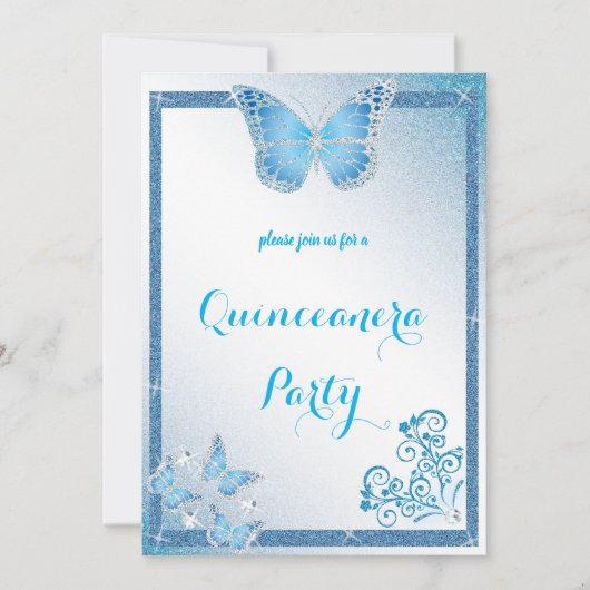 quinceanera butterfly blue glitter elegant diamant kaart (Voorkant)