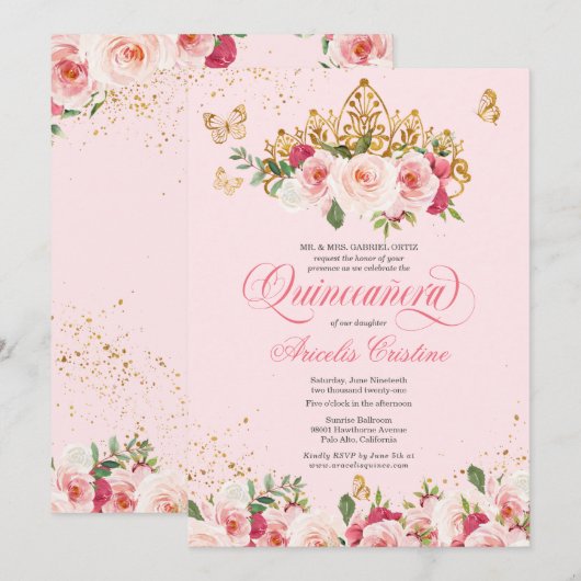 Quinceañera Butterfly & Blush Pink Waterverf Roos Kaart (Voorkant / Achterkant)