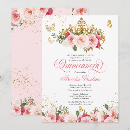 Quinceañera Butterfly & Blush Pink Waterverf Roos Kaart (Voorkant / Achterkant)