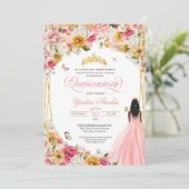 Quinceanera Butterfly Blush Pink & Yellow Floral Kaart (Staand voorkant)