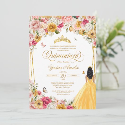 Quinceanera Butterfly Blush Pink Yellow Florin Kaart (Staand voorkant)