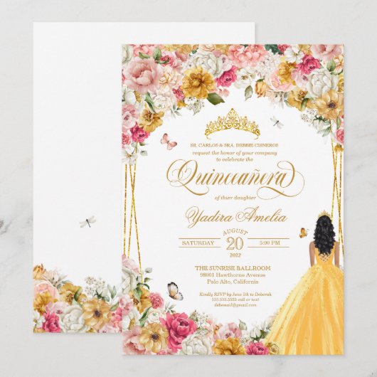 Quinceanera Butterfly Blush Pink Yellow Florin Kaart (Voorkant / Achterkant)