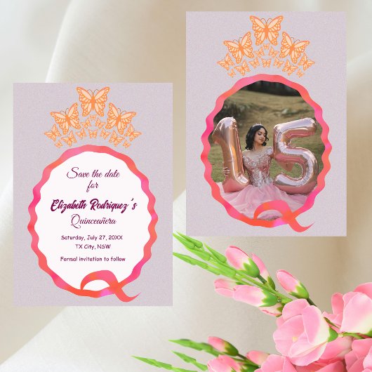 Quinceañera Butterfly Crown Squiggle Save the Date