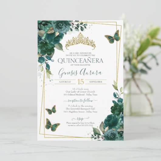 Quinceañera Butterfly Emerald Green Elegant Kaart (Staand voorkant)