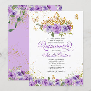 Quinceañera Butterfly en Paarse Waterverf Flowers Kaart
