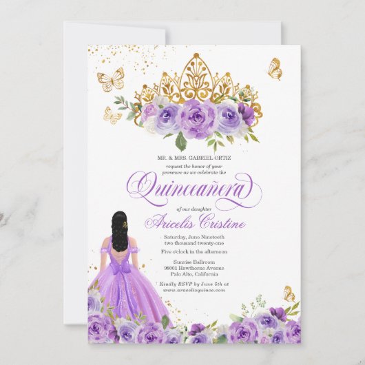 Quinceañera Butterfly en Paarse Waterverf Flowers Kaart (Voorkant)