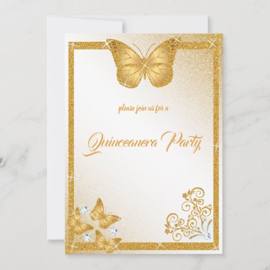 quinceanera butterfly goud glitter elegant diamant kaart (Voorkant)