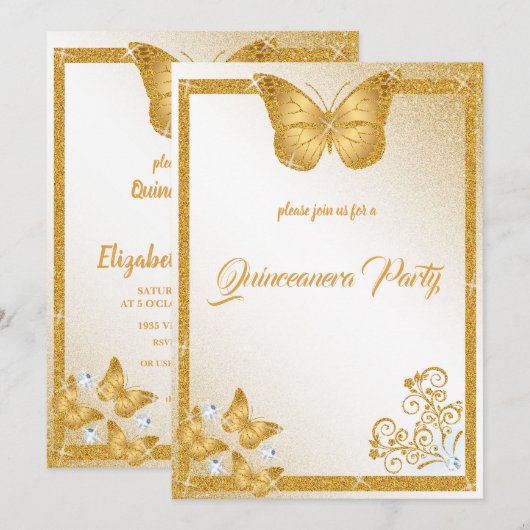 quinceanera butterfly goud glitter elegant diamant kaart (Voorkant / Achterkant)