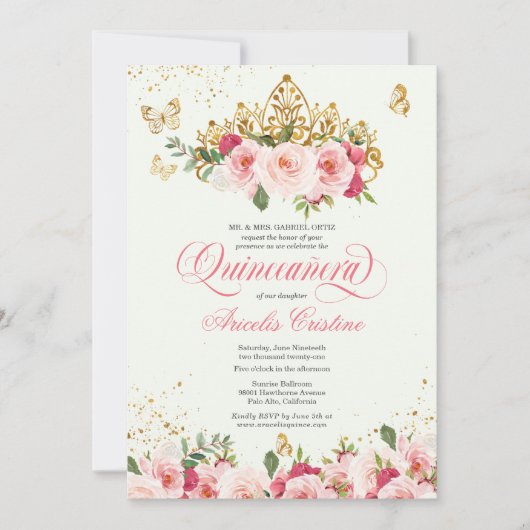 Quinceañera Butterfly Mint & Pink Waterverf Roos Kaart (Voorkant)