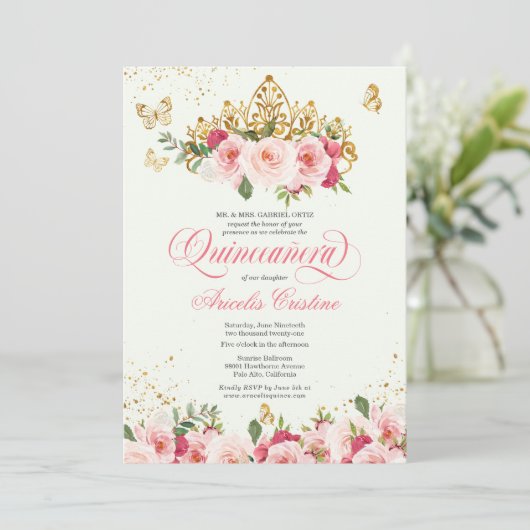 Quinceañera Butterfly Mint & Pink Waterverf Roos Kaart (Staand voorkant)
