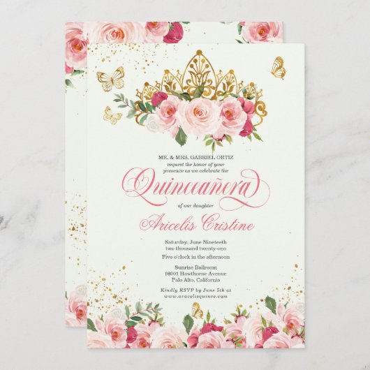 Quinceañera Butterfly Mint & Pink Waterverf Roos Kaart (Voorkant / Achterkant)