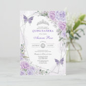 Quinceañera Butterfly Paars Silver Floral Kaart (Staand voorkant)