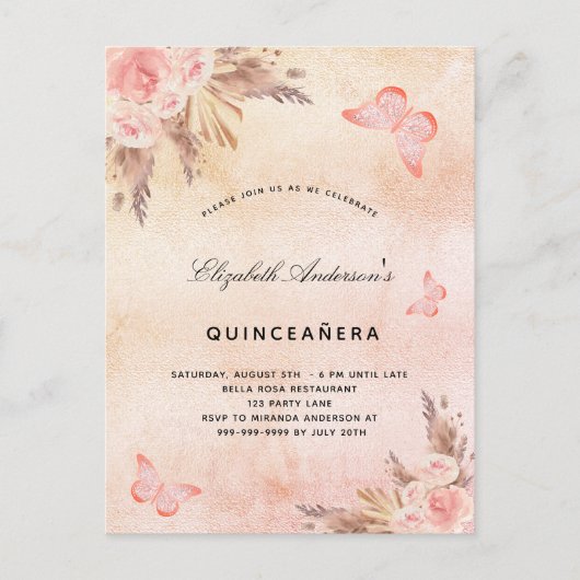 Quinceanera butterfly pampa's uitnodiging briefkaart (Voorkant)