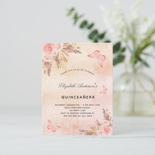 Quinceanera butterfly pampa's uitnodiging briefkaart (Staand voorkant)