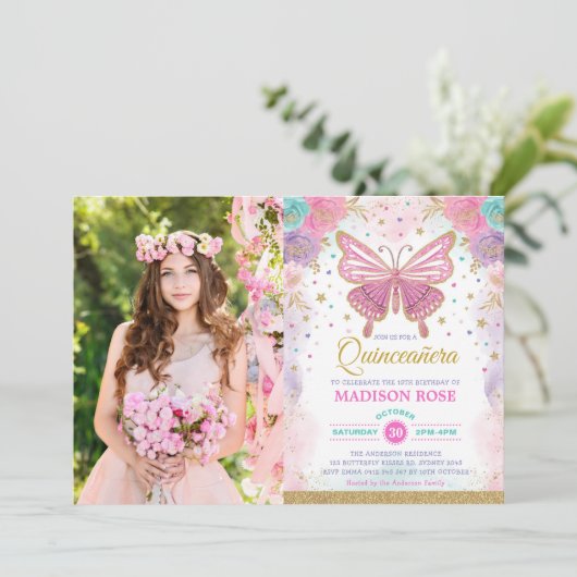Quinceañera Butterfly Pink Paarse Blauwgroen Verja Kaart (Staand voorkant)