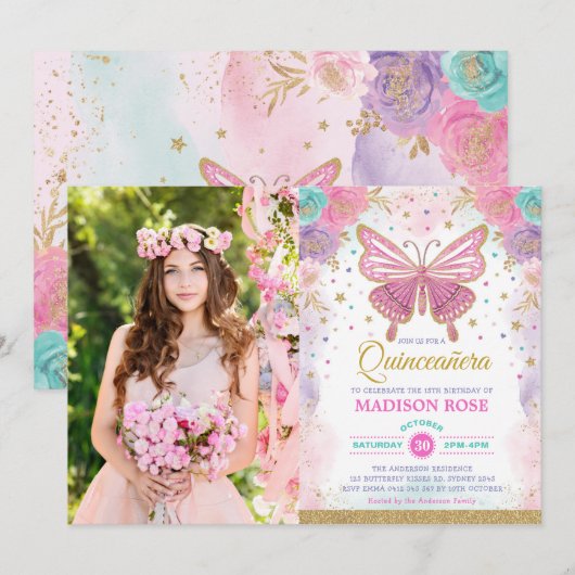 Quinceañera Butterfly Pink Paarse Blauwgroen Verja Kaart (Voorkant / Achterkant)