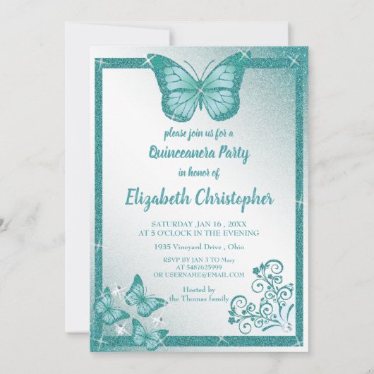 quinceanera butterfly turquoise glitter elegant kaart (Achterkant)