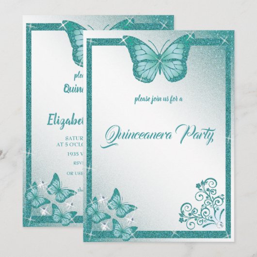 quinceanera butterfly turquoise glitter elegant kaart (Voorkant / Achterkant)