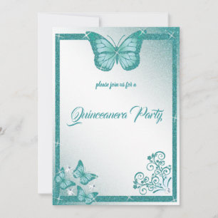 quinceanera butterfly turquoise glitter elegant kaart