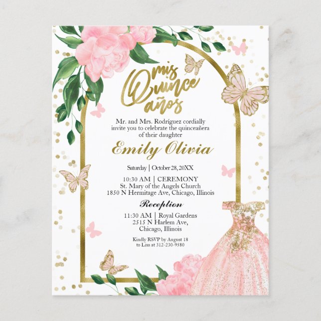 Quinceanera Butterflys Budget Invitation (Voorkant)