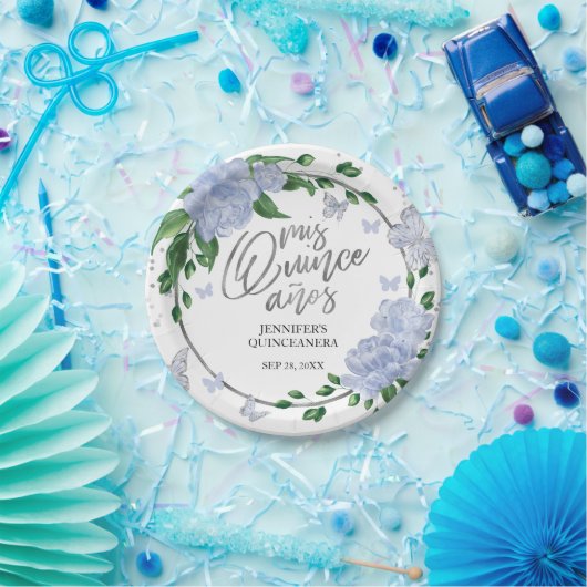Quinceanera Butterflys Dusty Blue Gown Papieren Bordje (Feest)