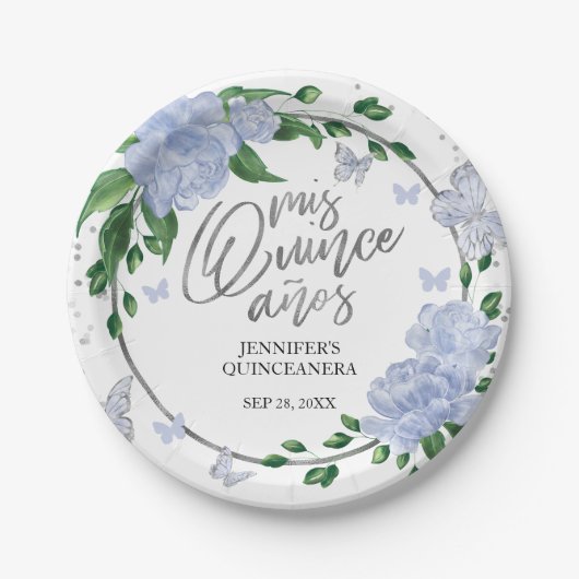 Quinceanera Butterflys Dusty Blue Gown Papieren Bordje (Voorkant)