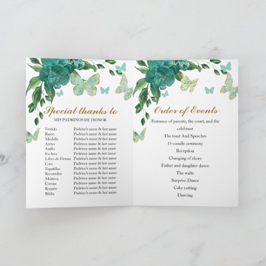 Quinceanera Butterflys Emerald Green Gown Programm Programma (Binnen)
