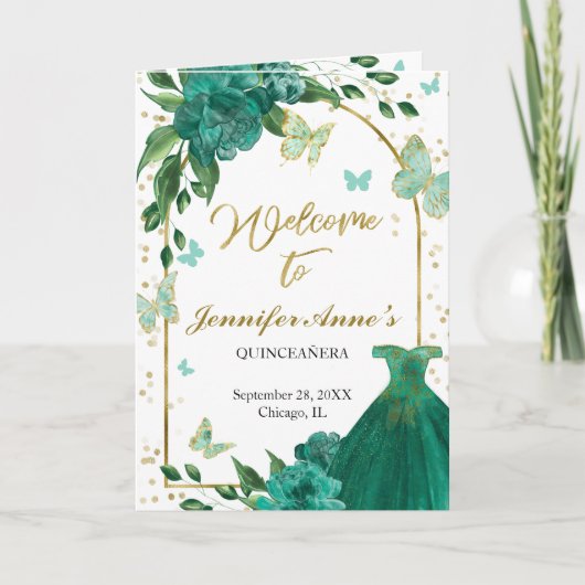Quinceanera Butterflys Emerald Green Gown Programm Programma (Voorkant)