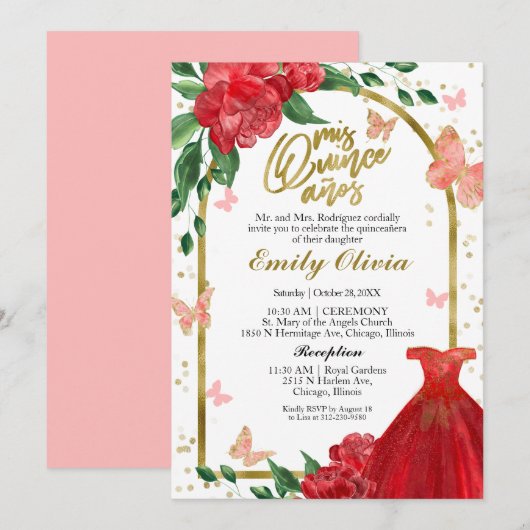 Quinceanera Butterflys Rode jurk Kaart (Voorkant / Achterkant)