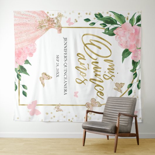 Quinceanera Butterflys Roze Blush Gown Achtergrond Wandkleed (In Situ (horizontaal))