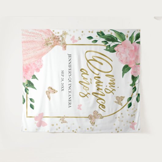 Quinceanera Butterflys Roze Blush Gown Achtergrond Wandkleed (Voorkant (horizontaal))