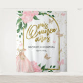 Quinceanera Butterflys Roze Blush Gown Achtergrond Wandkleed (Voorkant)