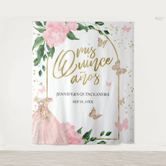 Quinceanera Butterflys Roze Blush Gown Achtergrond Wandkleed (Voorkant)