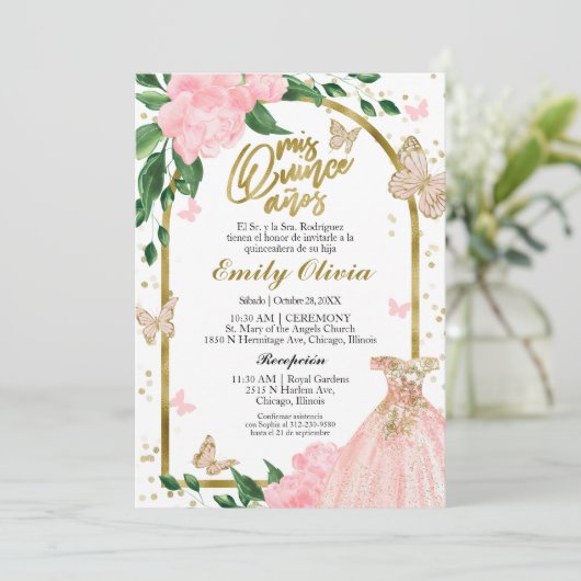 Quinceanera Butterflys Roze Blush Gown Spaans Kaart (Staand voorkant)