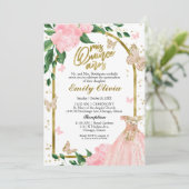 Quinceanera Butterflys Roze Blush Gown Uitnodiging (Staand voorkant)