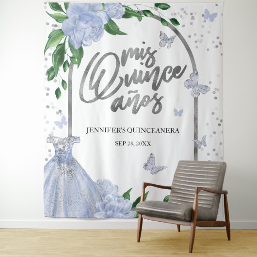 Quinceanera Butterflys Stoffige Blauwe Gown Achter Wandkleed (In situ)