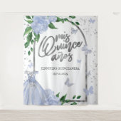 Quinceanera Butterflys Stoffige Blauwe Gown Achter Wandkleed (Voorkant)