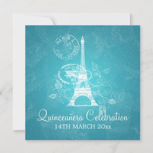 Quinceañera Celebration Party Romantic Paris Blue Kaart (Voorkant)